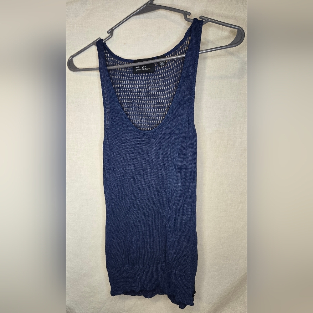 VTG Hilfiger Collection Women's Loose Knit Crochet Tank Navy Blue Size Small